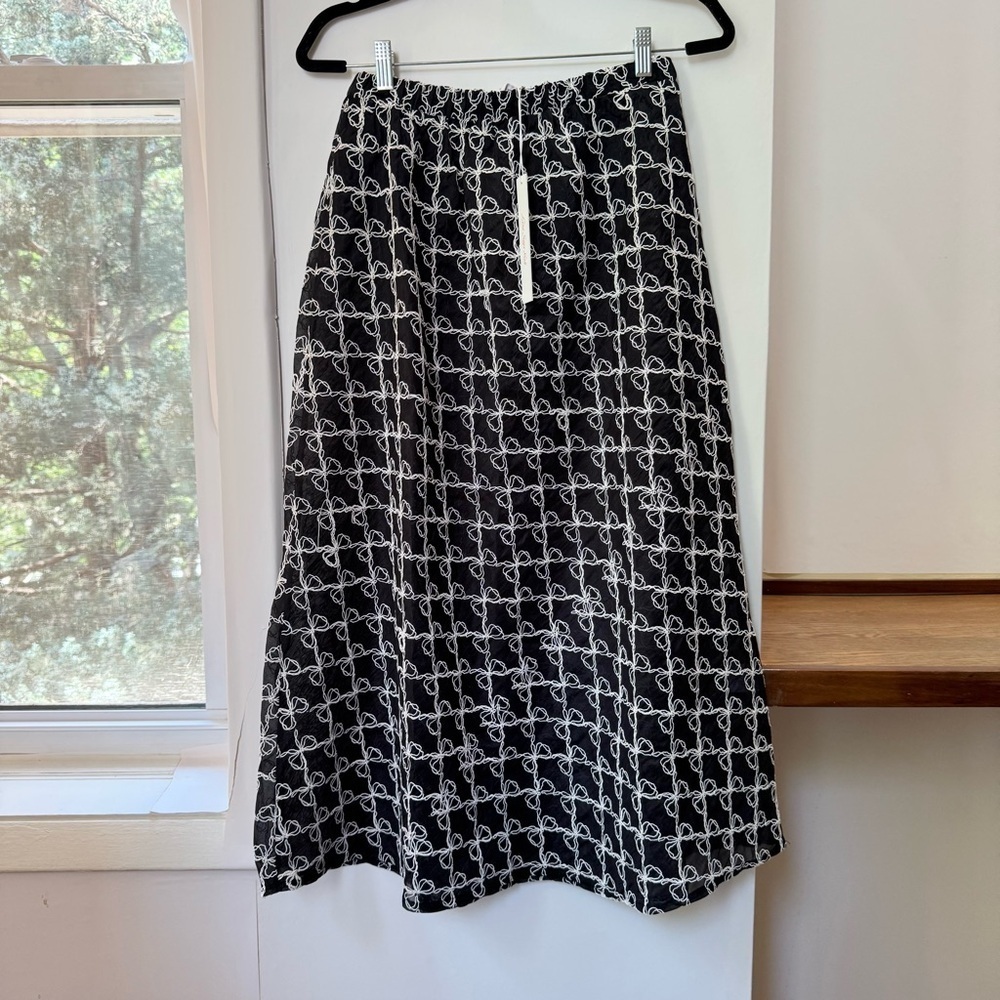 NWT Lisa Says Gah Molly Maxi Skirt in Bows Ribbons Black White M/L